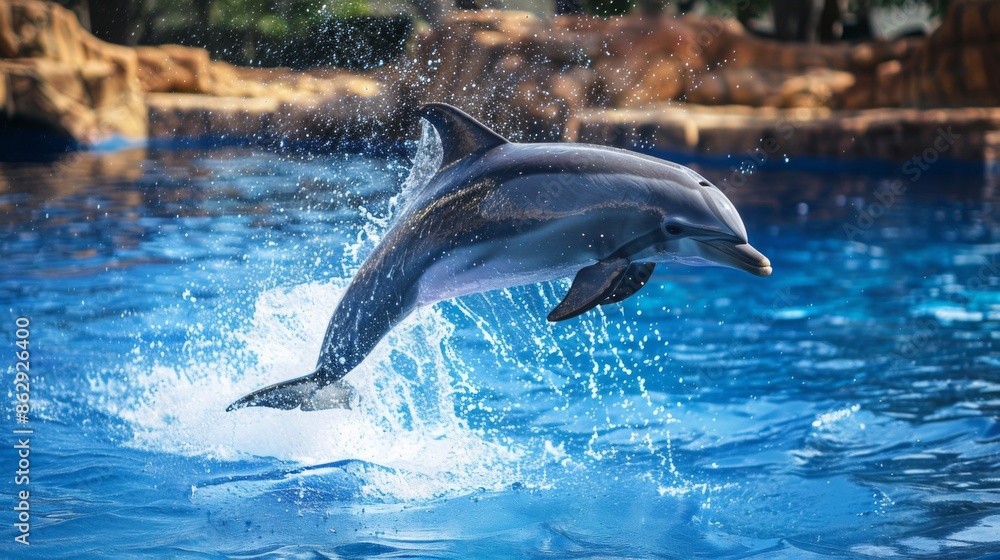 Obraz premium Dolphin Leaping Out of Water - Ideal for Marine Life and Aquatic Performance Commercial Use