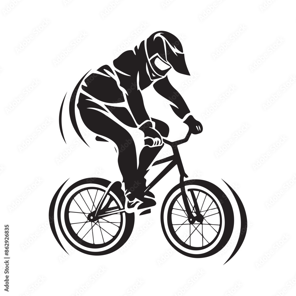 Naklejka premium Cyclist rider bmx performs trick jump logo silhouette vector isolated on white