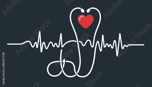 Continuous line art stethoscope icon with heart beat wave. Simple medical symbol vector illustration.