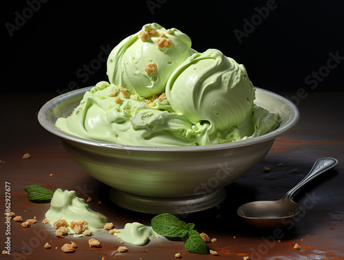 Attractive cooped pistachio ice cream, weet yogurt dessert or green tea ice-cream texture photo