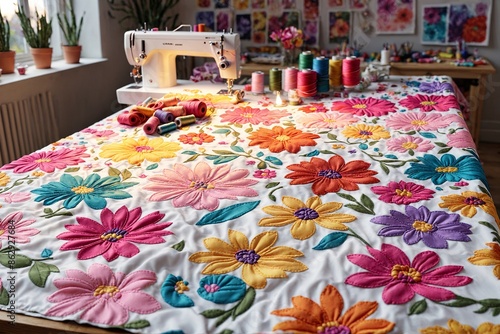 Colorful Fabric Flowers on White Quilt.
