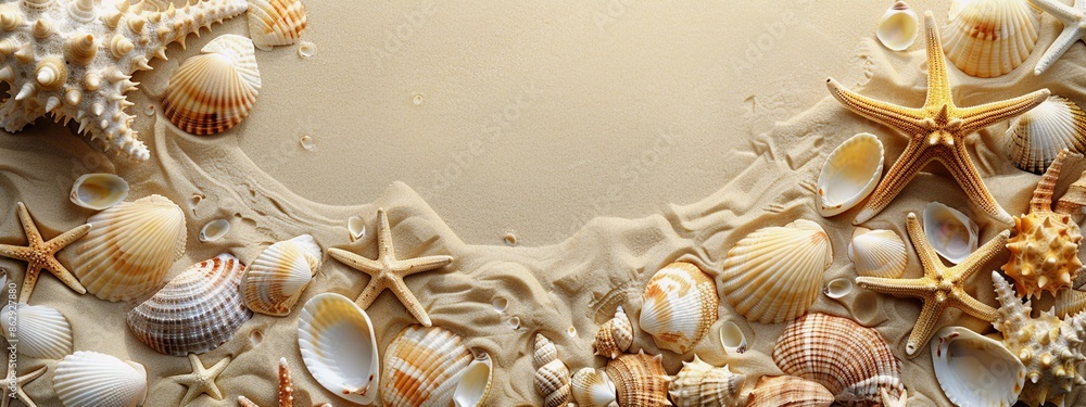 Close-up of various seashells and starfish on a sandy beach with foamy ocean waves, showcasing a vibrant and tranquil seaside scene.
Close-up of various seashells and starfish on a sandy beach with foamy ocean waves, showcasing a vibrant and tranquil seaside scene.