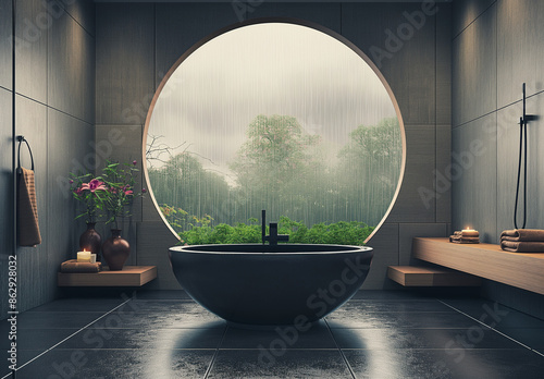 A dark and cozy bathroom with a large round window, a Japanese-style bathtub, wooden decorations, black stone floors, ceramics, furniture and a Zen garden photo