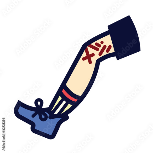 Grazed or wounded human knee colored icon illustration outlined isolated on square white background. Simple flat cartoon art styled drawing.