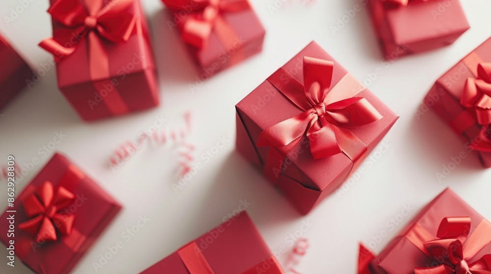 Red gift boxes with bows and ribbons against a white backdrop Red gift boxes with bows and ribbons against a white backdrop