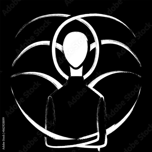 Unknown man without face crosses slender sharpened arms, long scary tentacles spreads on background, black and white icon or emblem