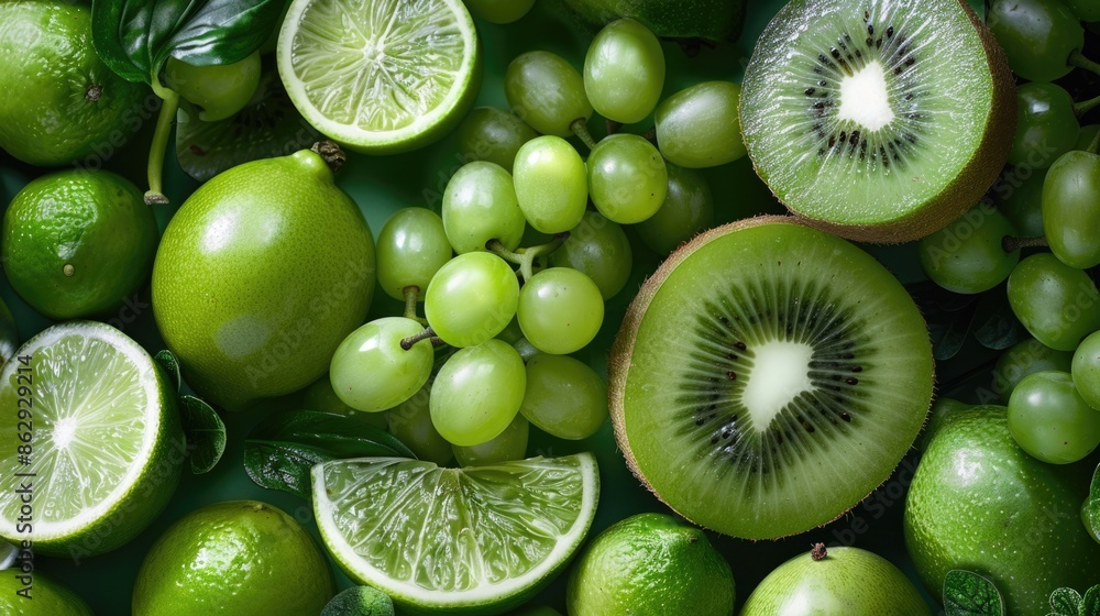 Fototapeta premium Vibrant Green Delights: Diverse Range of Shades in Kiwi, Grapes, and Limes
