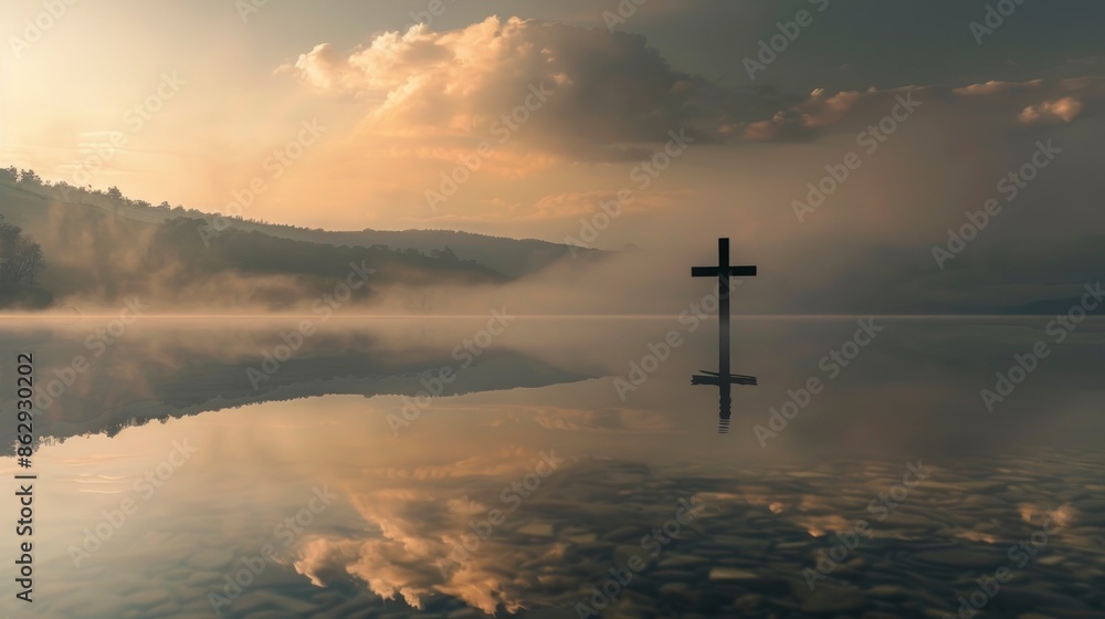 cross in the middle of a calm lake with a little fog cross in the middle of a calm lake with a little fog