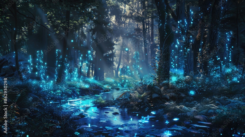 A mystical forest illuminated by bioluminescent flora and a serene stream reflecting the magical glow in a fantasy landscape. A mystical forest illuminated by bioluminescent flora and a serene stream reflecting the magical glow in a fantasy landscape.