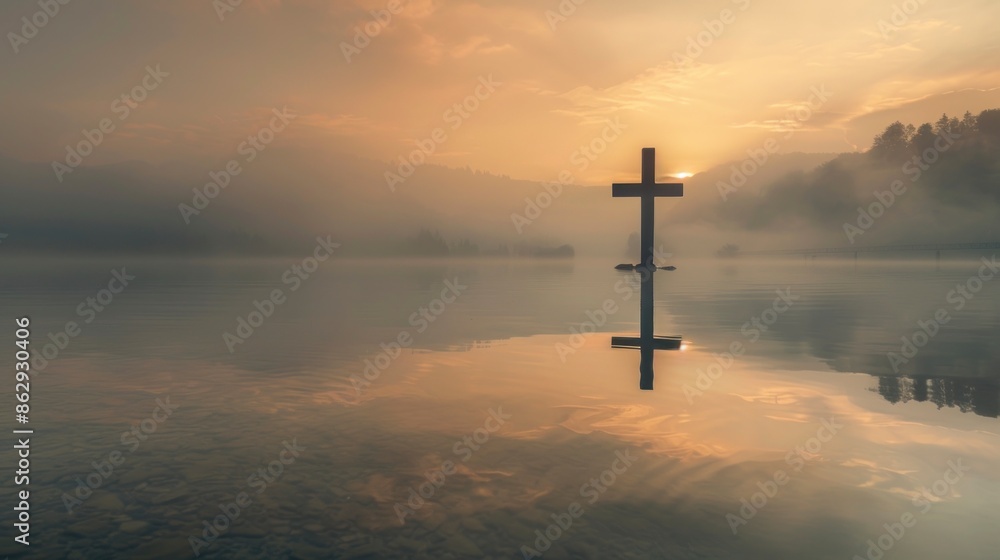 cross in the middle of a calm lake with a little fog cross in the middle of a calm lake with a little fog