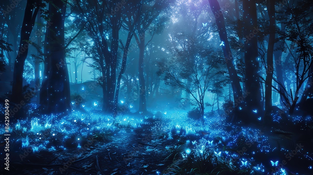 Magical forest illuminated by glowing blue lights, creating an enchanting and mystical atmosphere with trees and shimmering flora. Magical forest illuminated by glowing blue lights, creating an enchanting and mystical atmosphere with trees and shimmering flora.