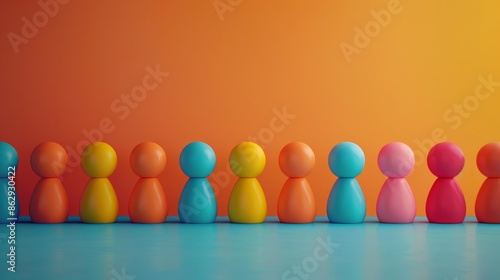 A row of colorful figurines lined up on a blue background © ART IS AN EXPLOSION.
