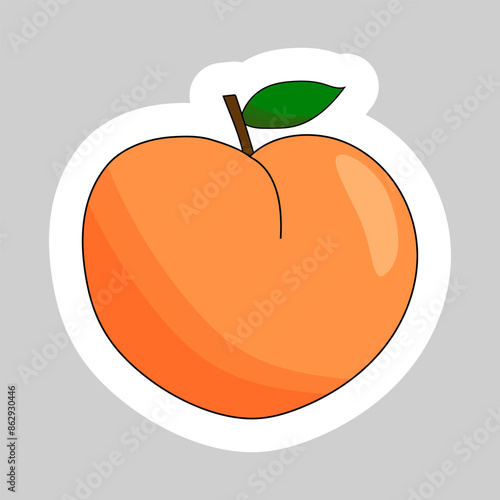 Sticker with ripe peach fruit with leaf, summer fruit vector illustration