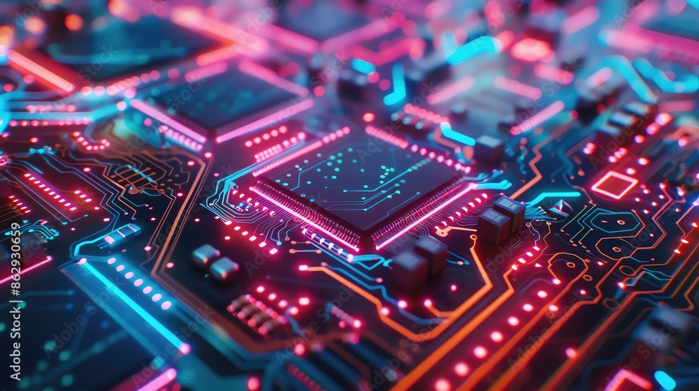 Close-up of a glowing circuit board with vibrant neon lights representing digital technology and electronics innovation. Close-up of a glowing circuit board with vibrant neon lights representing digital technology and electronics innovation.