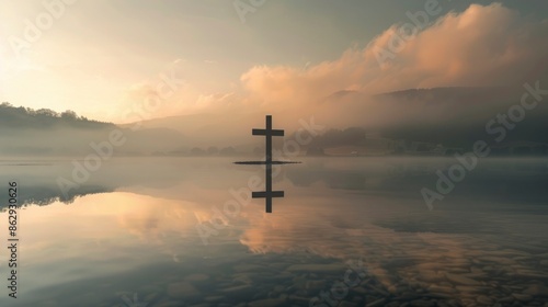 cross in the middle of a calm lake with a little fog photo