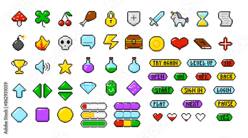 Game pixel interface and gaming items, 8 bit buttons. Games UI, gaming controller arrows. Pixel menu resources, level, live bars and buttons.
