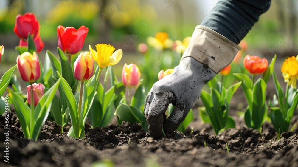 Fototapeta premium Gardener Tending to Vibrant Spring Blooms: Cultivating Tulips, Daffodils, and Hyacinths with Care and Dedication