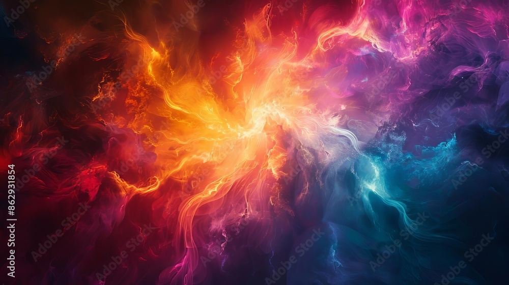 Obraz premium Heaven and hell intertwined in a holographic display, Bright and dark colors, Fantasy, Digital painting, Contrasting