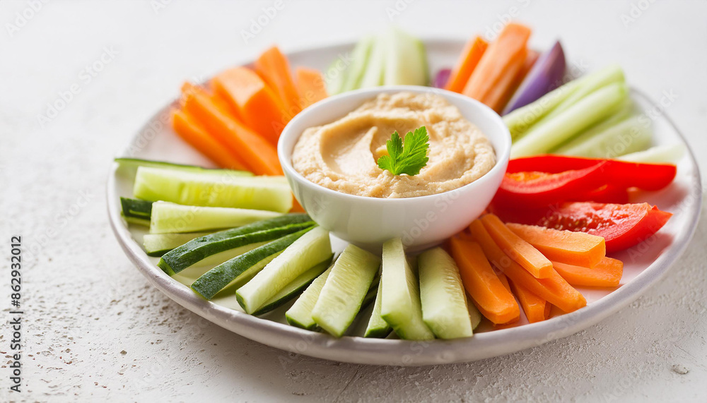 Vegetable crudites with hummus. Healthy appetizer or party food. Delicious meal. Close-up.