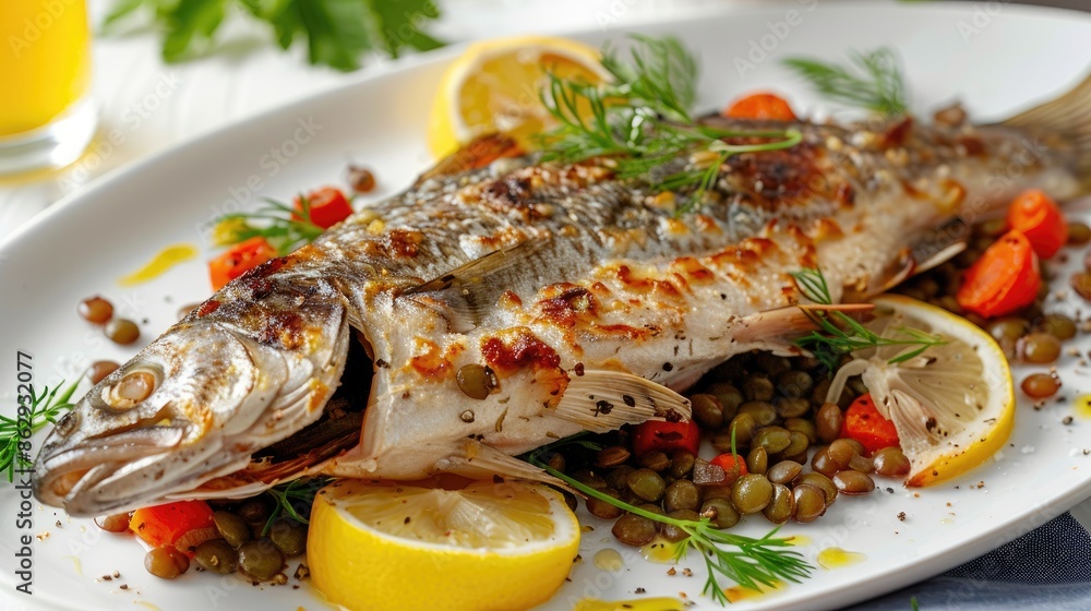 Baked fish and vegetables with lentils served on a white plate with herbs and lemon Baked fish and vegetables with lentils served on a white plate with herbs and lemon