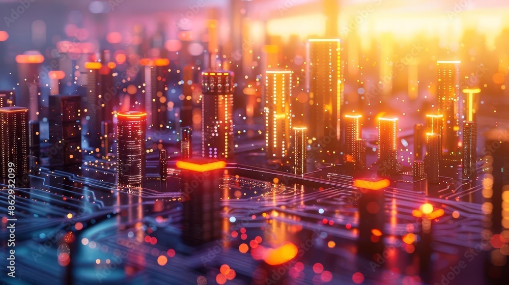 Fototapeta premium Morning light breaking through a futuristic cityscape, Warm colors, 3D rendering, Neon, Hopeful