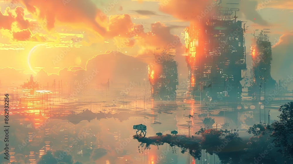 Fototapeta premium Morning light over a digital meadow with robotic animals, Warm colors, Futuristic, Digital painting, Tranquil