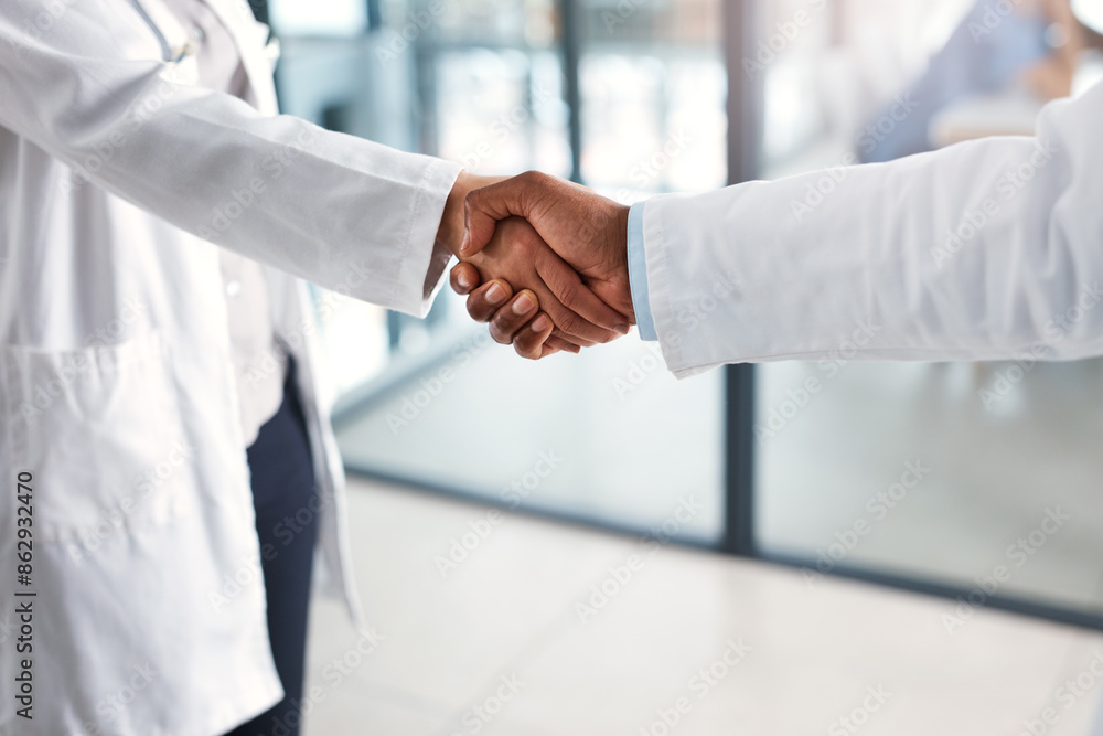 People, medical and doctor hand shake in hospital, medicine and wellness with healthcare professional. Trust, support and agreement for partnership or collaboration, thank you and welcome gesture People, medical and doctor hand shake in hospital, medicine and wellness with healthcare professional. Trust, support and agreement for partnership or collaboration, thank you and welcome gesture