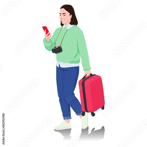 Young woman tourist with camera and smartphone. Girl in casual clothes with a suitcase. Female traveler goes on a journey. Vector illustration isolated on white