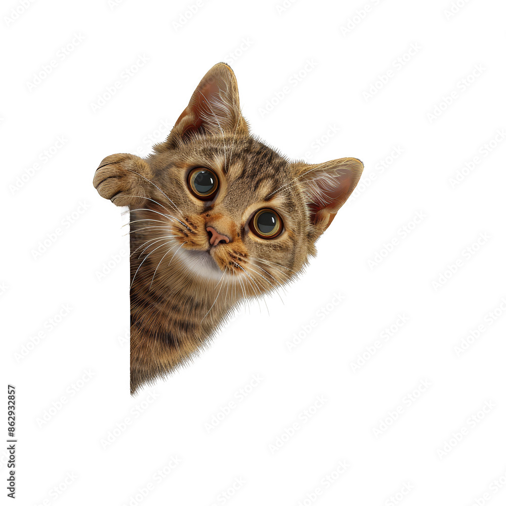 3d A cat peeking out from behind a corner. isolated on the white background