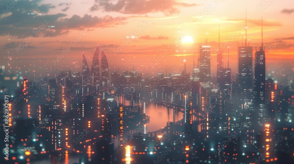 Fototapeta premium Twilight over a futuristic metropolis with glowing buildings, Warm hues, Futuristic, 3D rendering, Tranquil