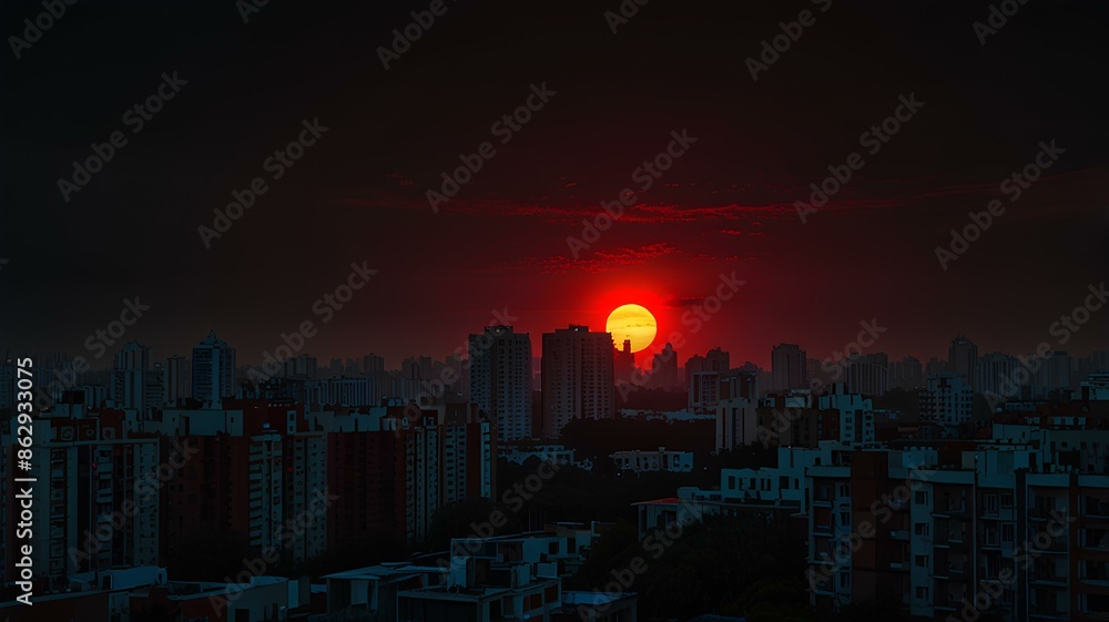 Fototapeta premium red sun in the heart of darkest night city.