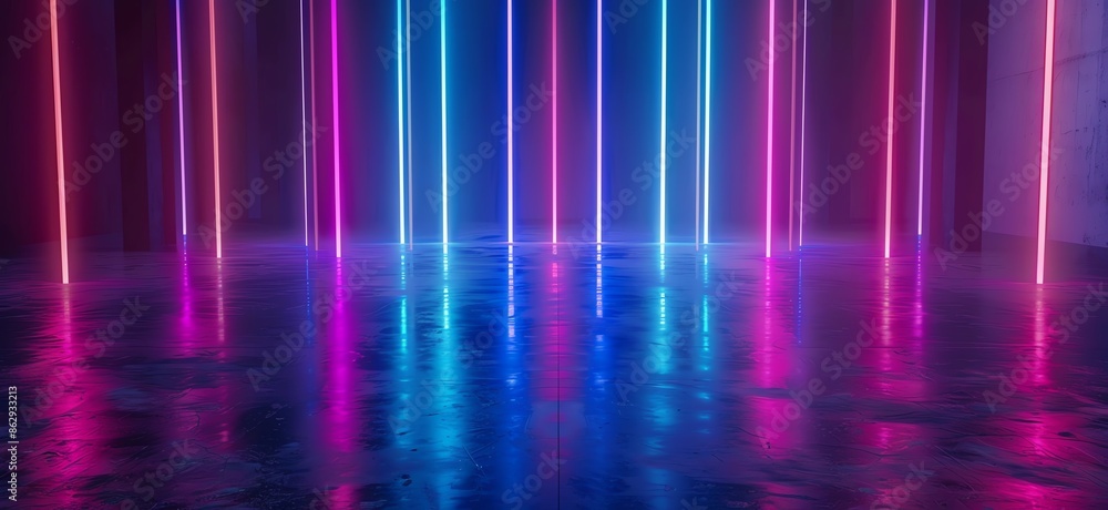 3D Rendering of Neon Blue and Purple Light on a Dark Reflective Surface 3D Rendering of Neon Blue and Purple Light on a Dark Reflective Surface