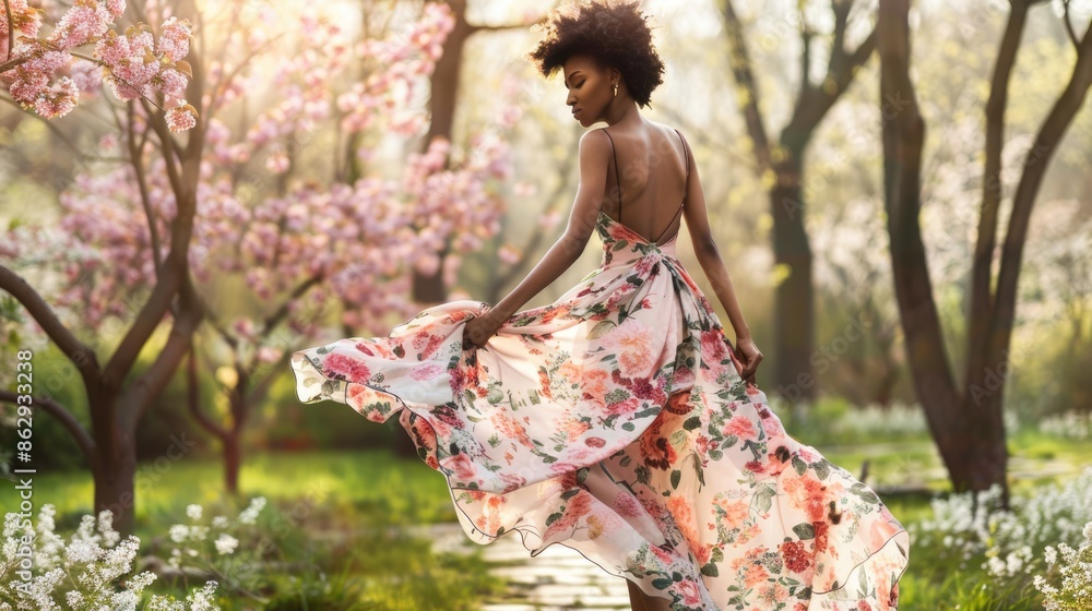 Spring Blossoms: Elegant Model Twirling in Floral Dress Amid Blooming Garden Spring Blossoms: Elegant Model Twirling in Floral Dress Amid Blooming Garden