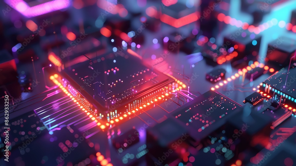 Futuristic circuit board with glowing lights and microchips, showcasing advanced technology and modern electronics. Futuristic circuit board with glowing lights and microchips, showcasing advanced technology and modern electronics.