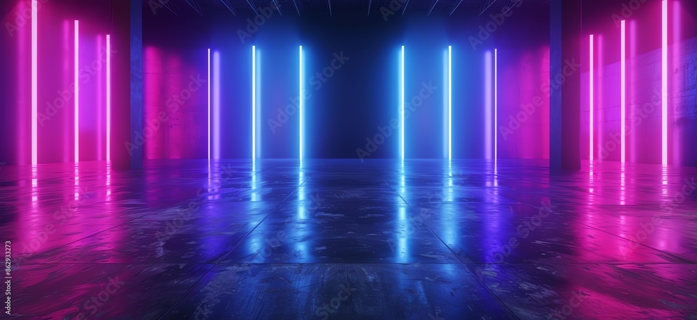 3D Rendering of Neon Blue and Purple Light on a Dark Reflective Surface 3D Rendering of Neon Blue and Purple Light on a Dark Reflective Surface