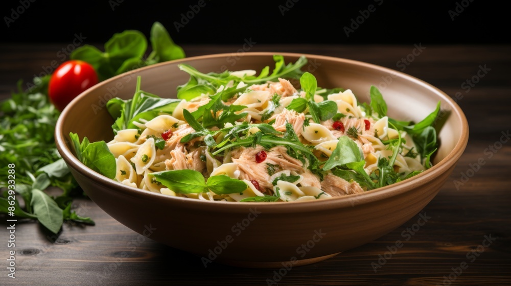Close Up of a Delicious Pasta Salad with Salmon and Arugula Close Up of a Delicious Pasta Salad with Salmon and Arugula