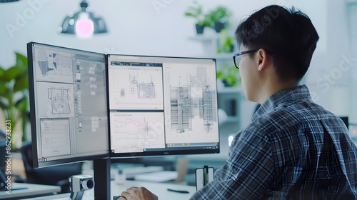 A man is sitting in front of two computer monitors, one of which is displaying a drawing of a building. He is wearing glasses and he is focused on his work