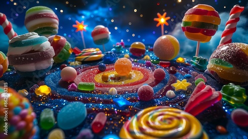 A colorful and whimsical candy universe with planets and stars made from various sweets.