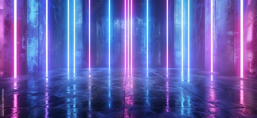 3D Rendering of Neon Blue and Purple Light on a Dark Reflective Surface 3D Rendering of Neon Blue and Purple Light on a Dark Reflective Surface