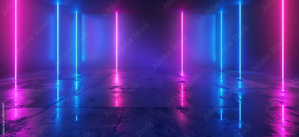 3D Rendering of Neon Blue and Purple Light on a Dark Reflective Surface 3D Rendering of Neon Blue and Purple Light on a Dark Reflective Surface