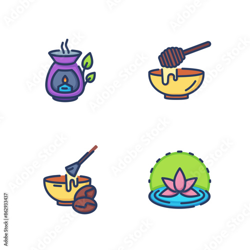 Cosmetic procedures line icon set. Honey and coffee masks for face and body, aromatherapy lamp. Zen and relaxing concept. Vector illustration for web design and apps