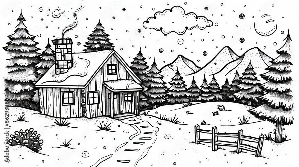 Fototapeta premium A cozy cabin nestled in a snowy forest. The perfect place to escape the hustle and bustle of city life.