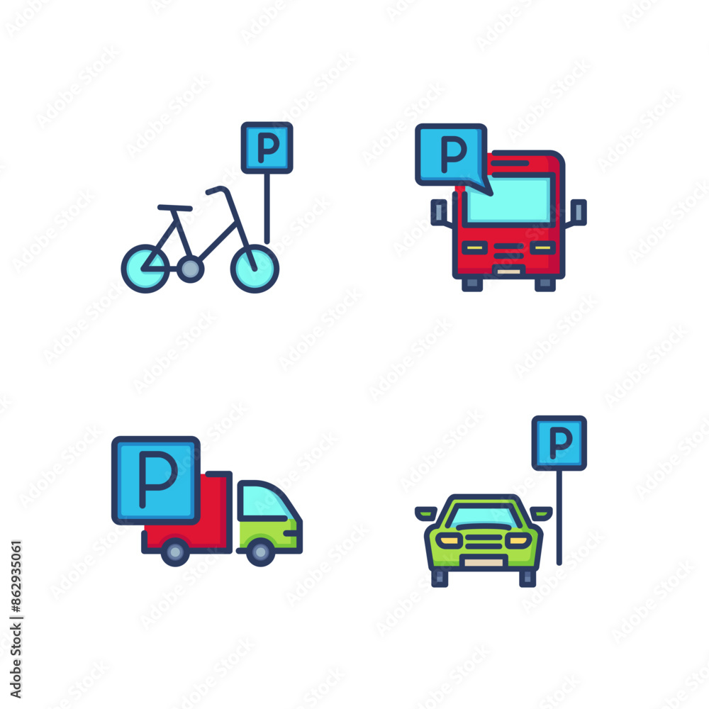 Parking area for transport line icon set. Parking lots for bicycle, bus, car and truck. Road markings concept. Vector illustration for web design and apps Parking area for transport line icon set. Parking lots for bicycle, bus, car and truck. Road markings concept. Vector illustration for web design and apps