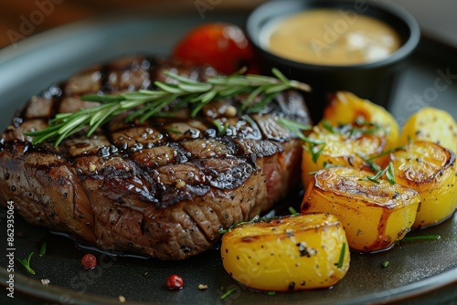 A perfectly seared Wagyu beef steak, with a side of roasted vegetables