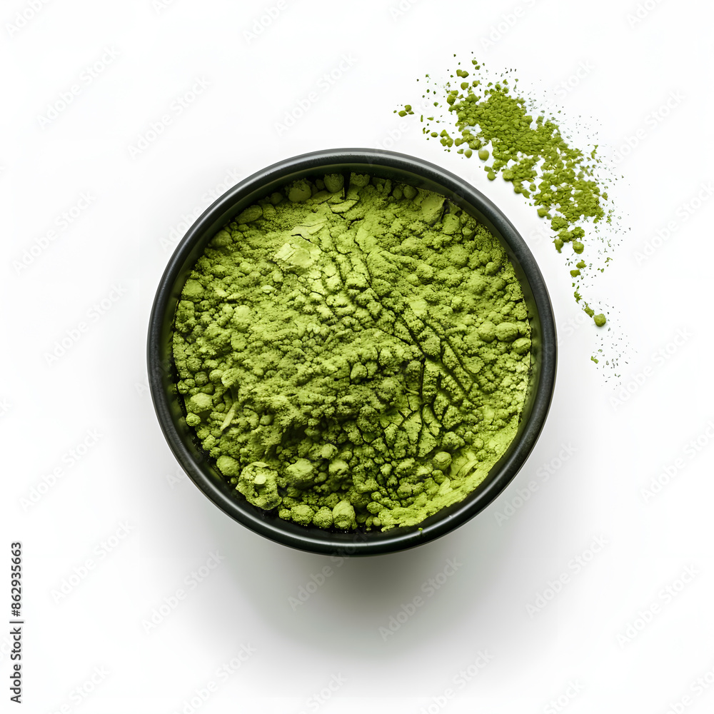 Top view matcha tea powder on white background Top view matcha tea powder on white background