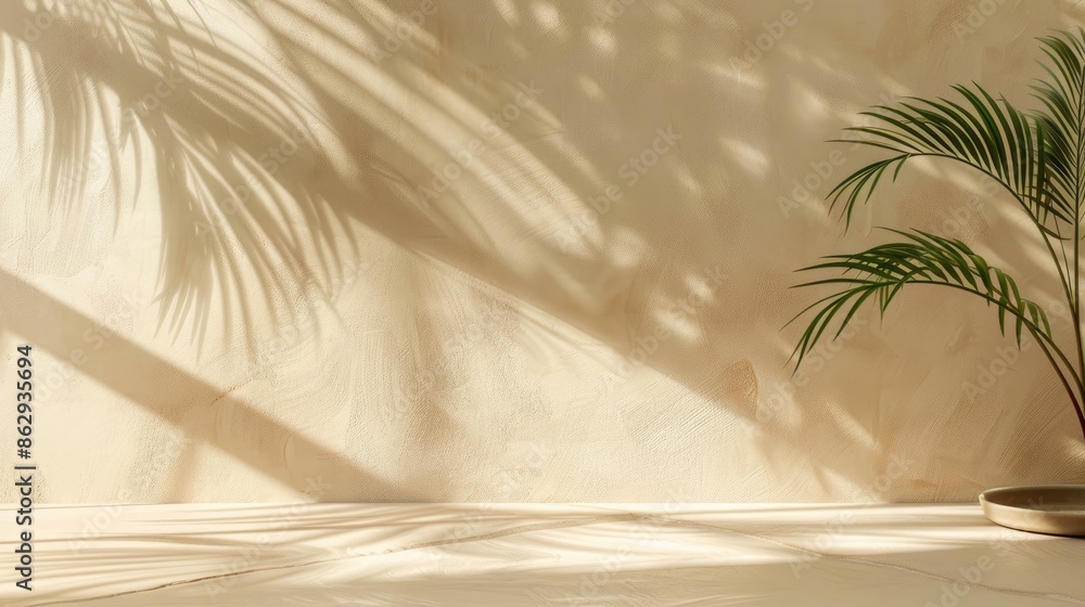Empty room wall with texture tropical leaves shadow for product display presentation. Minimalist shadow overlay for product placement, stage pedestal or platform, promotion. Empty room wall with texture tropical leaves shadow for product display presentation. Minimalist shadow overlay for product placement, stage pedestal or platform, promotion.