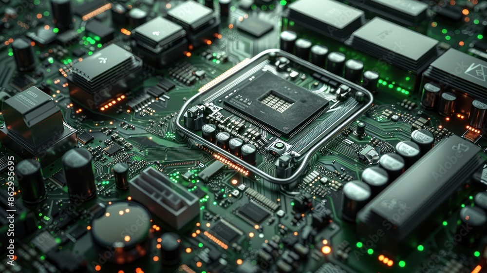 3d render background texture computer motherboard in grey metallic and green colors with many different chipsets transistors and micro processors looks like ai generated 3d render background texture computer motherboard in grey metallic and green colors with many different chipsets transistors and micro processors looks like ai generated