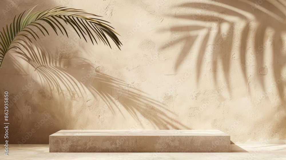 Empty room wall with texture tropical leaves shadow for product display presentation. Minimalist shadow overlay for product placement, stage pedestal or platform, promotion. Empty room wall with texture tropical leaves shadow for product display presentation. Minimalist shadow overlay for product placement, stage pedestal or platform, promotion.