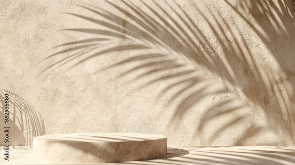 Empty room wall with texture tropical leaves shadow for product display presentation. Minimalist shadow overlay for product placement, stage pedestal or platform, promotion. Empty room wall with texture tropical leaves shadow for product display presentation. Minimalist shadow overlay for product placement, stage pedestal or platform, promotion.