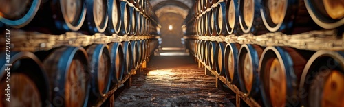 Rows of Wine Barrels in a Dark Cellar